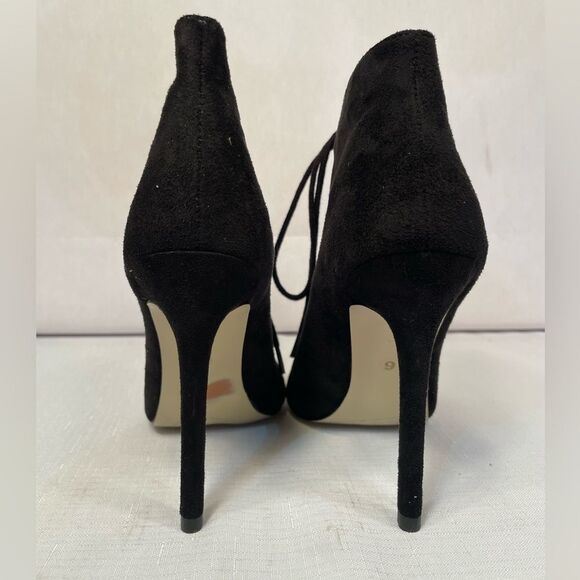 Black Faux Suede Lace Up Peep Toe Heels - Picture 3 of 4